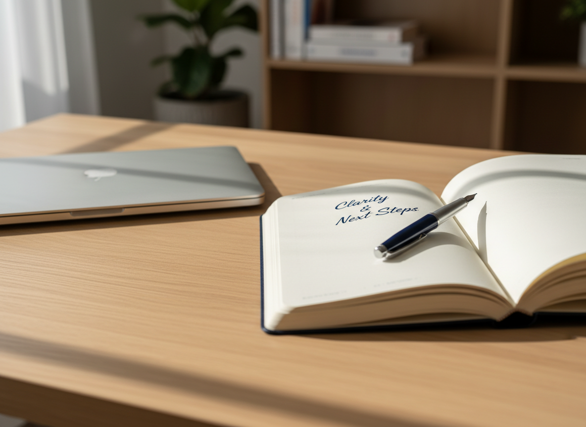A neatly arranged coaching workspace featuring an open hardcover journal with crisp ivory pages, a fine-point pen resting diagonally across a page titled “Clarity & Next Steps,” and a slim silver laptop closed to the side. Everything sits on a pale oak desk with a soft matte finish. In the background, a blurred bookshelf holds a few medical and coaching textbooks and a small green plant. Gentle morning daylight enters from the left, casting calm, natural shadows and subtle highlights on the paper texture. Photographic realism, eye-level composition with a shallow depth of field, creating a professional, reassuring, and grounded atmosphere that suggests structured reflection and forward planning in life and health coaching.