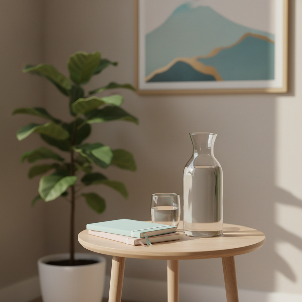 A carefully curated coaching corner featuring a small round side table in light ash wood holding a glass carafe of water, a clear tumbler half-filled, and a neatly stacked trio of pastel-colored notebooks with ribbon bookmarks. Behind the table, a tall, leafy indoor plant in a simple white ceramic pot softens the scene. The background shows a softly blurred neutral-toned wall with a framed abstract print in calming blues and greens. Warm afternoon light filters in from the right, creating soft highlights on the glass and subtle shadows on the tabletop. Photographic realism, shot at eye level with a gentle shallow depth of field, conveying a serene, welcoming, and professional atmosphere ideal for reflective health and life coaching.