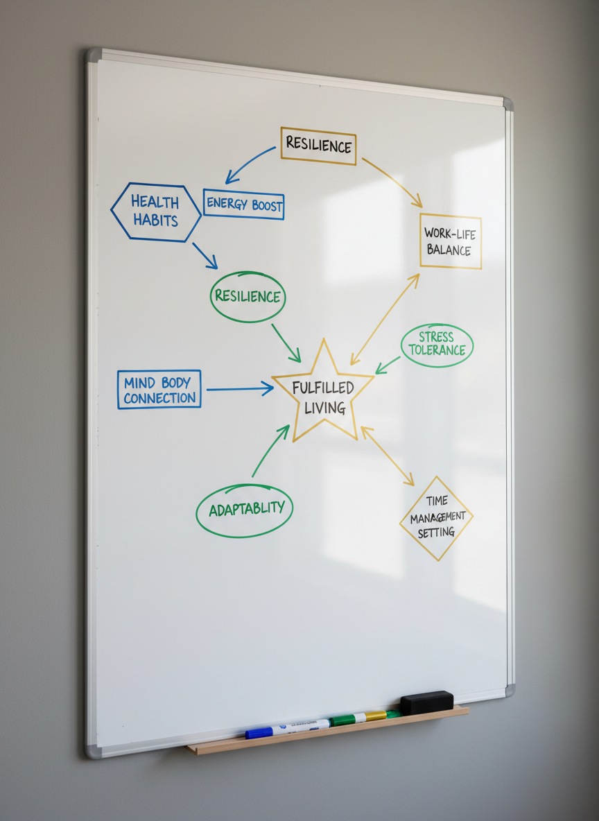 A large, clean whiteboard mounted on a soft gray wall, filled with neatly written coaching goals and color-coded pathways using blue, green, and gold markers. Arrows connect phrases like “Health Habits,” “Resilience,” and “Work–Life Balance,” each inside clearly defined shapes. At the base of the board, a narrow wooden ledge holds organized markers and an eraser. Soft, diffused daylight from an unseen window on the right creates mild reflections and gentle gradients across the glossy whiteboard surface. Captured in photographic realism from a slightly angled perspective, with sharp focus across the whole frame, the scene feels structured, optimistic, and professional, emphasizing clarity, organization, and purposeful change in a modern coaching context.