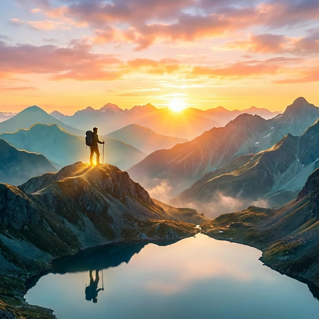 Glowing stone arch atop a mountain overlooking a serene lake at sunrise.